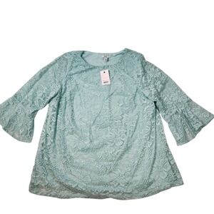 NWT Croft & Barrow Womens Size 1X Turquoise Lace Floral Blouse Bell Sleeves Boho